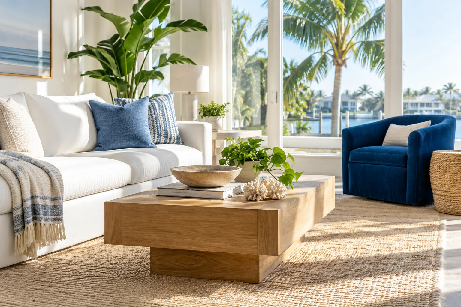 Sunlit living room with a white sofa and blue chair; AI-generated concept imagery